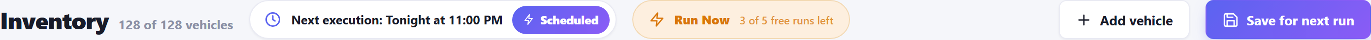 Run Now pill next to the Next execution indicator in the Inventory command bar